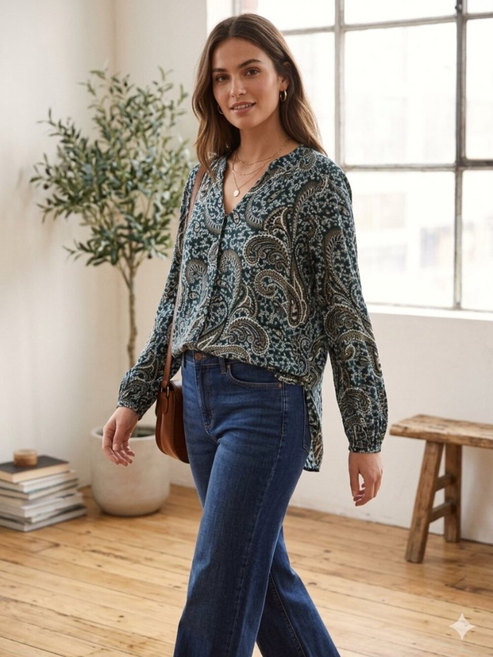 Apricot Navy Green Paisley Print Long Sleeve Blouse V-Neck